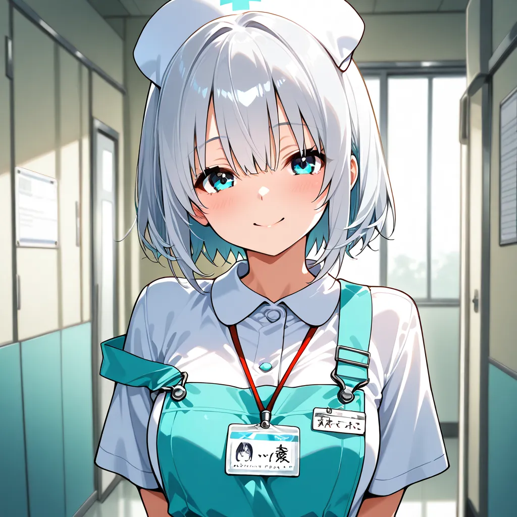 （ Masterpiece、 high quality)「A beautiful silver-haired nurse at the hospital Please describe the scene where you are standing in the waiting room。Her hair is long、in a shiny silver shade、It hangs gracefully on her shoulder。The nurse's uniform is clean whit...