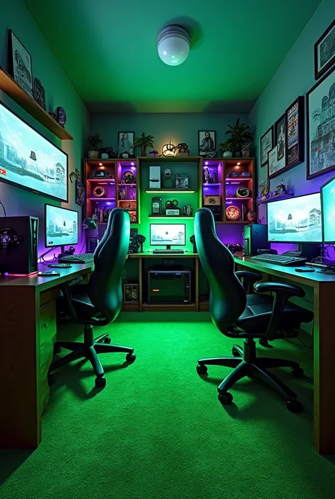 A game room. Green bi carpet inside. Lots of playstation 5 consoles and controllers everywhere . Computer cases and monitors with RGB lighting. Wii consoles. Console steering wheels. A very stylishly designed game room. Internet is like a cafe