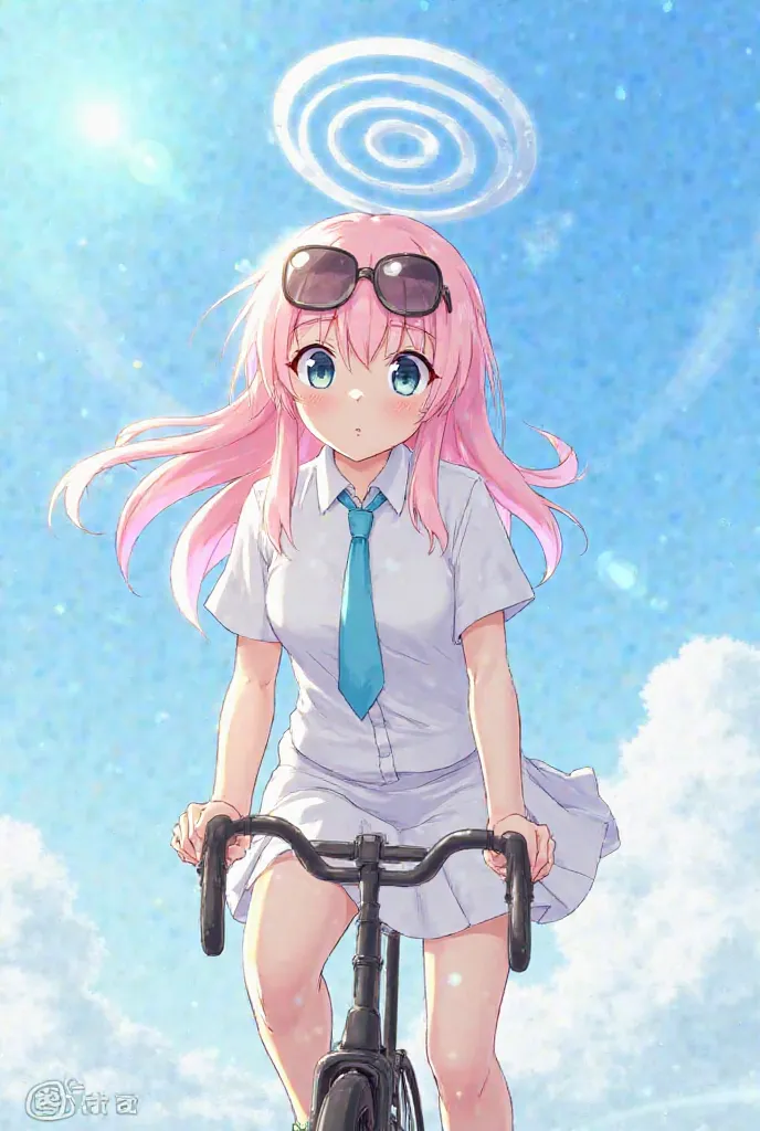 1girl, takanashi hoshino, white clothes, blue necktie, halo, pink long hair, low twintails, eyewear on head, giant chest, blue sky, riding a bike, with her brazier, wearing short skirt, (spoken heart:1.2), lens flare, from below, leaning forward, with top ...