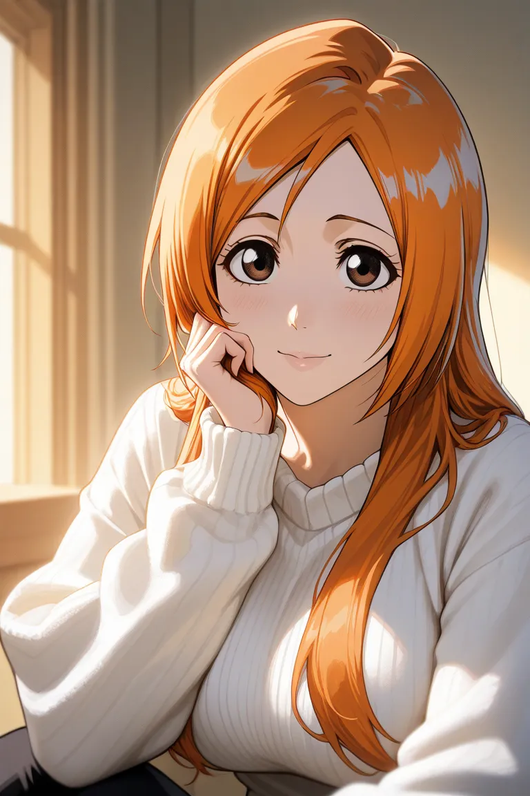 best quality,woman,inoue orihime(BLEACH),orange hair,long hair,large breasts,white sweater