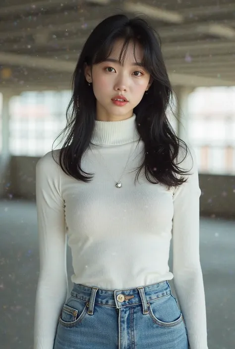 retro style, y2k style, A beautiful and cute K-pop idol in an elegant white tight white turtleneck sweater with long sleeves, paired with a denim skirt, highlighting her chiseled body, relaxed and elegant pose showing herself, Standing in an indoor garage,...