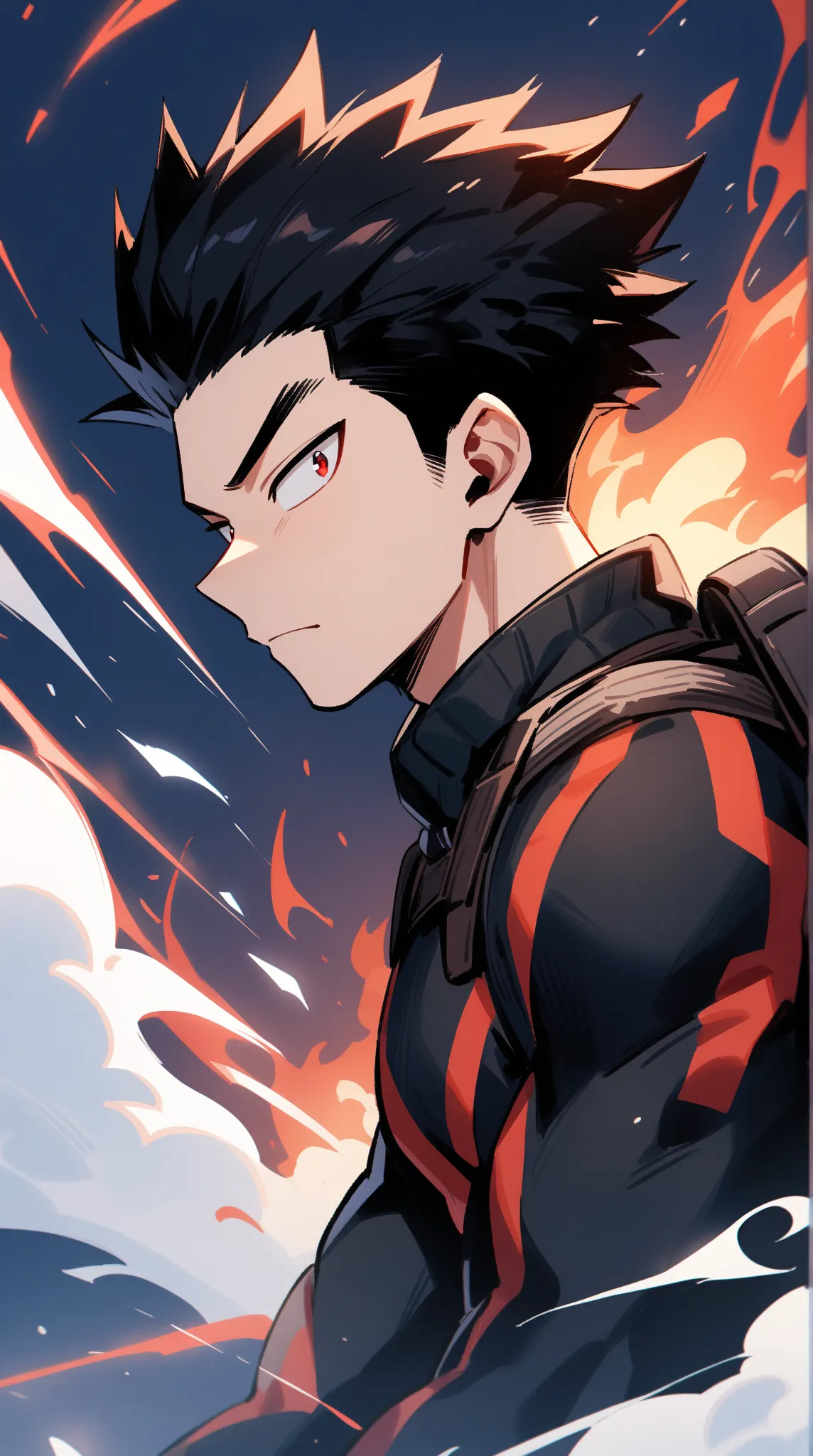 1teenager, male focus,athletic muscular body, tall, fair skin,undercut slick back hair,black hair with red highlight,red eyes, boku no hero academia,flying in sonic boom, engulf in infernal fire,eyes on camera,tactical black colour with red line hero outfi...