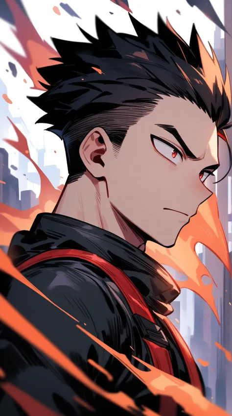 1teenager, male focus,athletic muscular body, tall, fair skin,undercut slick back hair,black hair with red highlight,red eyes, boku no hero academia,flying in sonic boom, engulf in infernal fire,eyes on camera,tactical black colour with red line hero outfi...