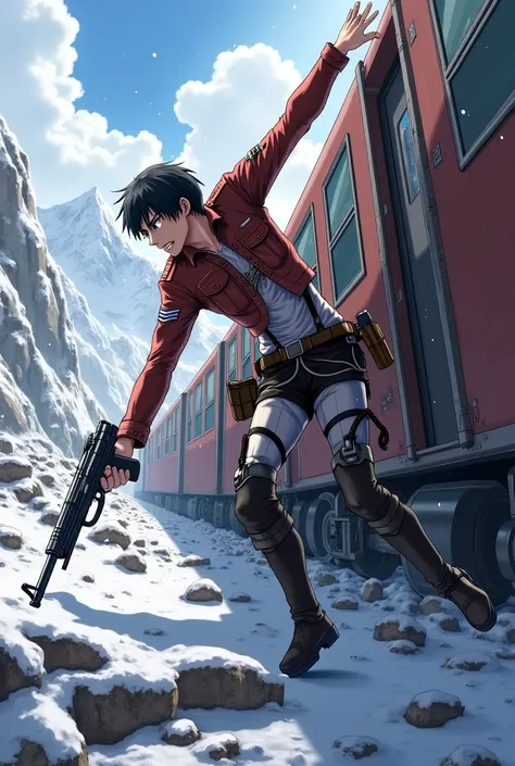 Eren Jeager (Aot uniform) injured hanging from a derailed train, destroyed in the rubble, on the snowy mountains, equipped with a gun while shooting at enemies, anime style,,