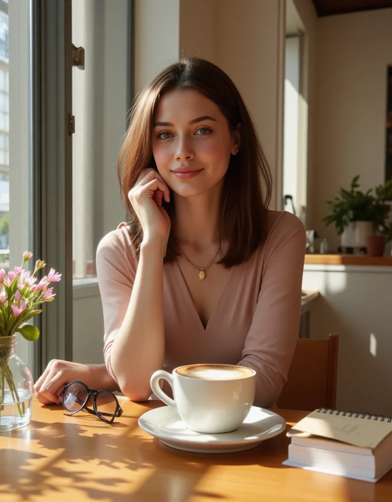 Close-up shot of Eden sitting at a trendy café in Hamburg, holding a warm cappuccino with delicate latte art. She smiles slightly, looking into the distance, her oversized sunglasses resting on the table beside her. The wooden table is decorated with a min...