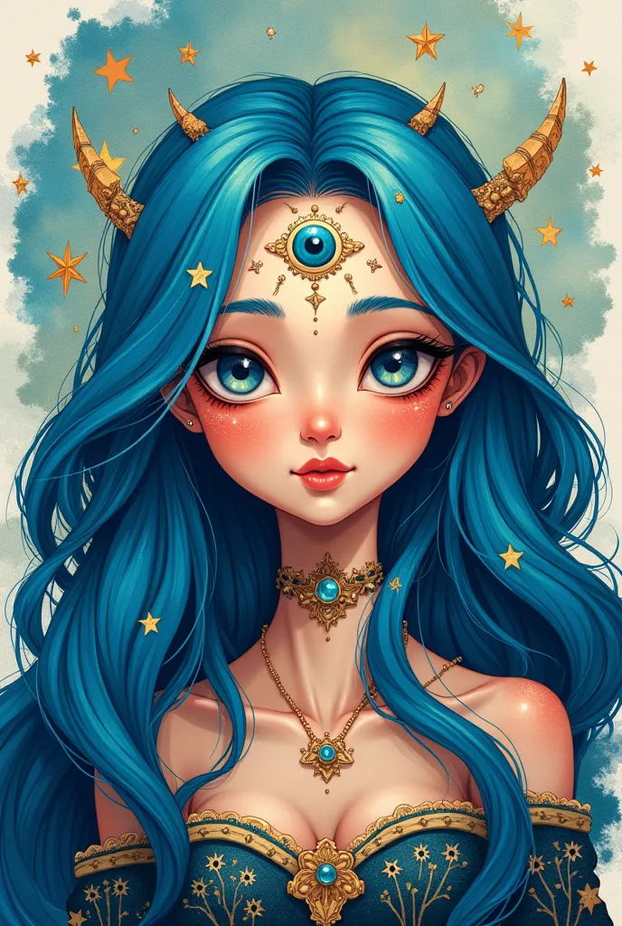 Blue-haired witch with stars on her head, the eye between the forehead. Comic Style Hand Paintings 