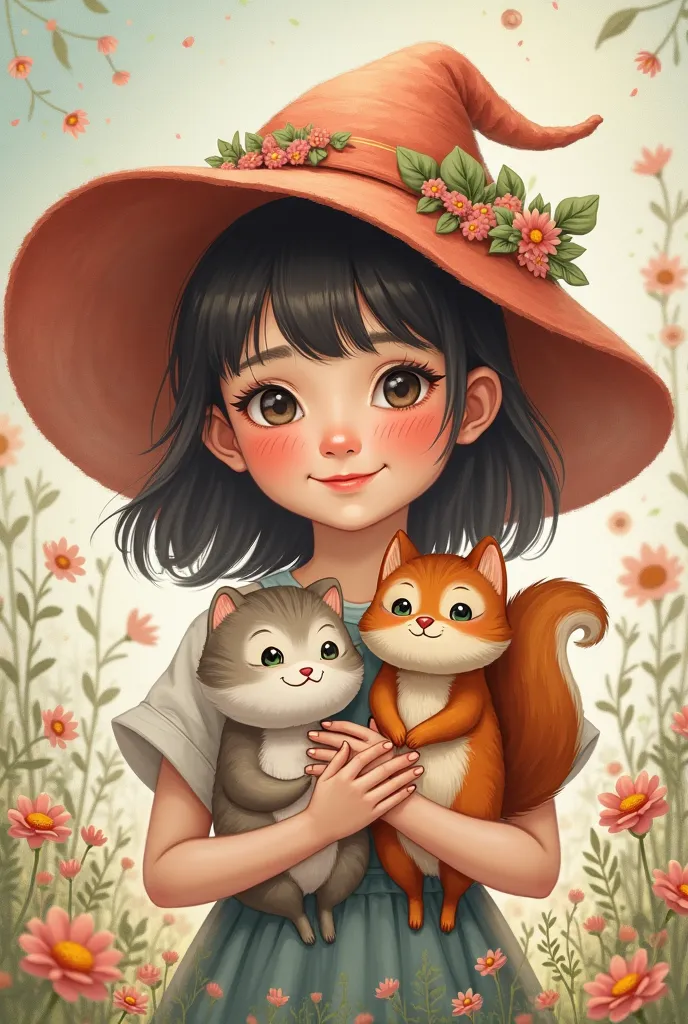 A ,holding a cat,wearing a big hat,best quality,masterpiece,ultra-fine section,illustration,little_girl,holding a squirrel doll,wearing a hat,portrait,