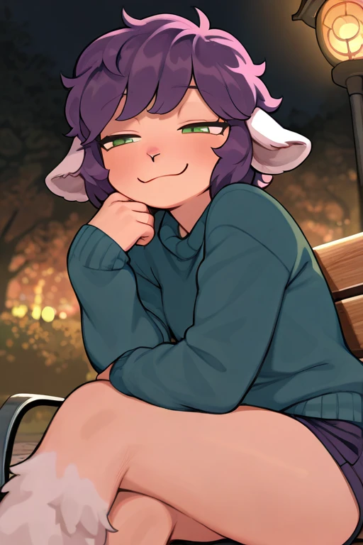 Best quality, ultra-detailed illustration, warm colors, Perfect, sheep horns, (fluffy ram boy:1.4),  white fur , sheep horns, purple hair, green eyes,  female face and body , , disheveled thick hair , short shorts , long-sleeved blue sweater, sitting on a ...