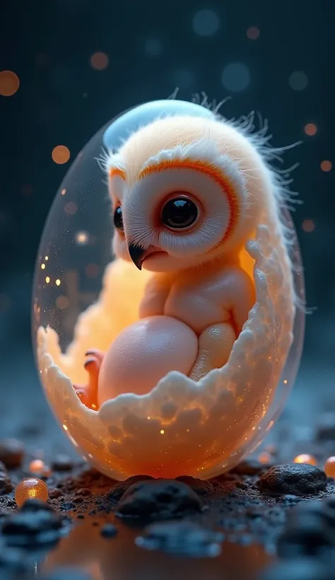  highly detailed, ultra-realistic depiction of an owl embryo inside a translucent eggshell. The fetus is in an early stage of development, curled up with tiny, underdeveloped wings pressed against its fragile body. Its eyes are closed, and the beak is smal...