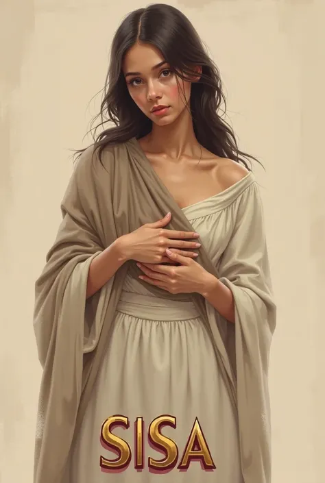 A young woman, SISA, is depicted in a digital painting style.  She is light-skinned and appears to be in her late s or early twenties.  Her hair is long, dark brown, and flowing down her back.  She is wearing a loose, off-white, long-sleeved tunic-style ga...