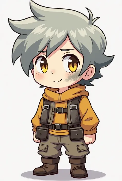 Make a simple Pokemon-style drawing for an Icon of a 15-year-old boy, white in color, with gray hair and yellow eyes and wearing a slightly dusty miner's outfit with a charcoal stain on his cheek

Make him look a little more tired and have dark circles und...