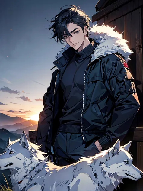 (Best quality, High resolution, Very high definition), abstract, masculine, dark blue hair, 30 years old, dark blue eyes, jacket, sweater, cargo pants, dark blue gaze, calm, quiet, gentle smile, observatory, carrying wolf, with wolf, dawn