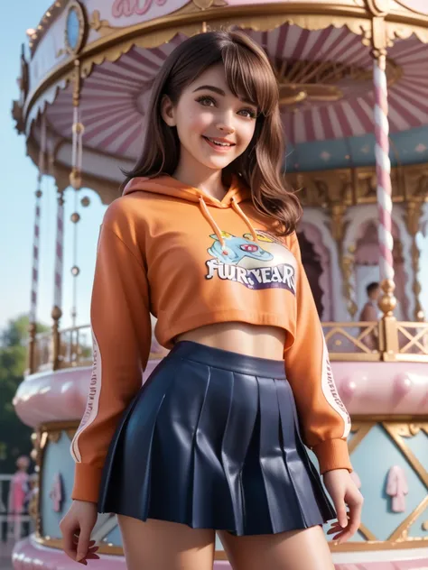  1 girl, Is in an amusement park,Pointed hairline ,  brown hair,  in extremely tight shiny sweatshirt,  pleated skirt  