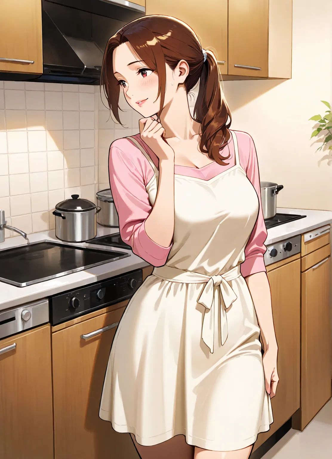 Masterpiece, mature woman, stepmom, single, in the kitchen, long brown hair, hair tied in a ponytail, loving, casual dress, young, curvy, erodere