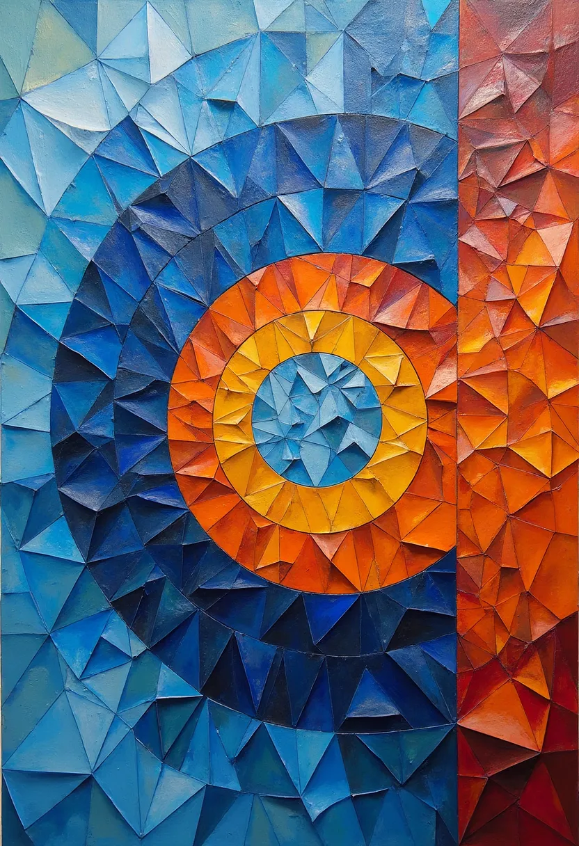 Ultra-detailed complementary geometric abstraction in mixed media on canvas. Composition fragmented into hundreds of precise polygonal shapes dominated by cobalt blues, light blues and oranges in direct contrast. Hyper-realistic oil texture captured with g...