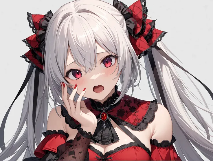 (Highest quality, masterpiece, super precise, Hi-Res), 8k, Anatomically Accurate Body , Nightcore, red dress, Gothic Maiden anime girl , White-haired goddess, beautiful charming anime woman, simple background, face the front, from the front, beautifu...