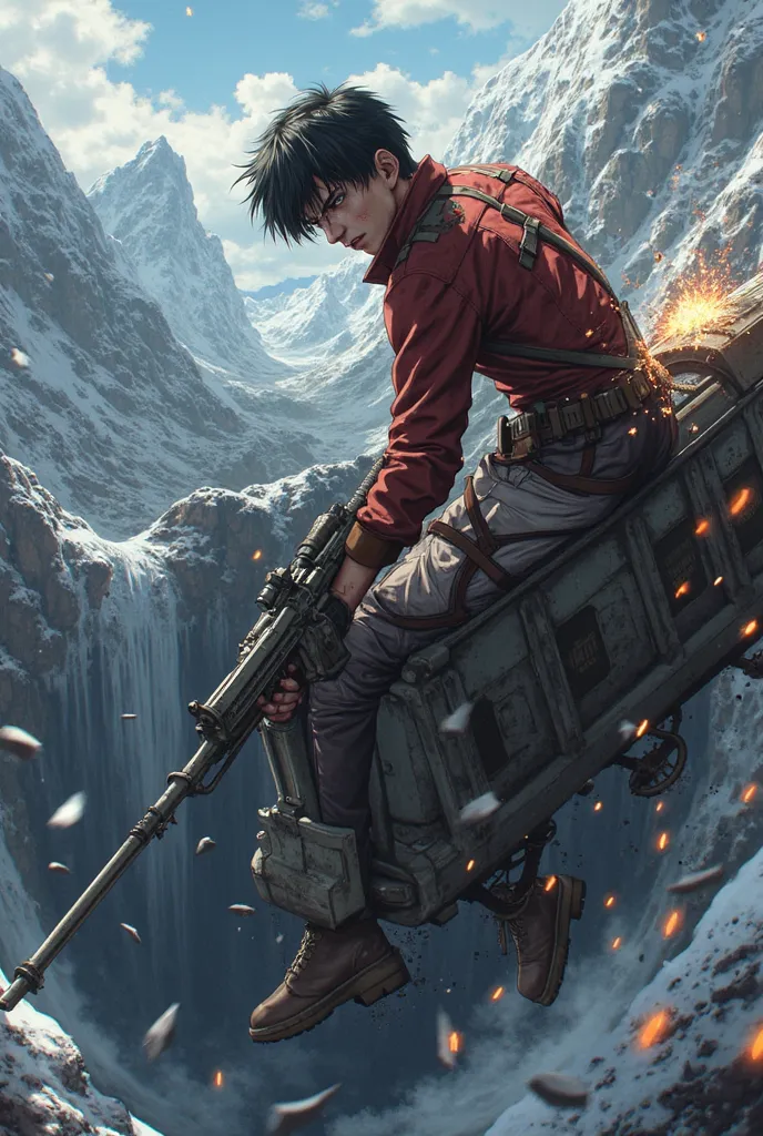 Eren Jeager (Aot uniform) injured hanging from a derailed train and sloping into the void, destroyed in the rubble, on the snowy mountains, equipped with a gun while shooting at enemies, anime style,