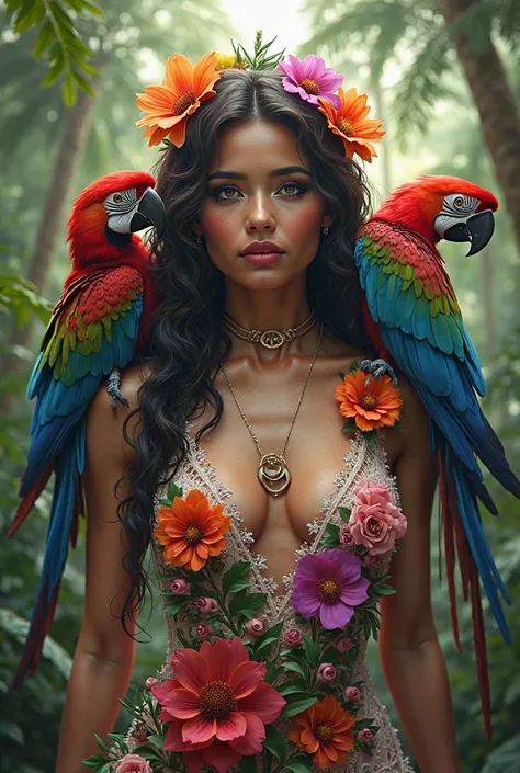 A Latin American woman with flowers on her body surrounded by macaws. 