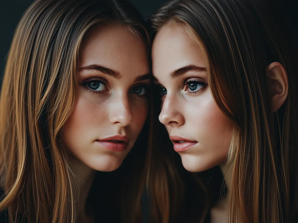 two twin fantasy model girls in a pic with brown hair long hair beside her head half body view of them. They are young, attractive. the twins have to be identical. I don’t want different colors or different shading. the hair has to be brown.