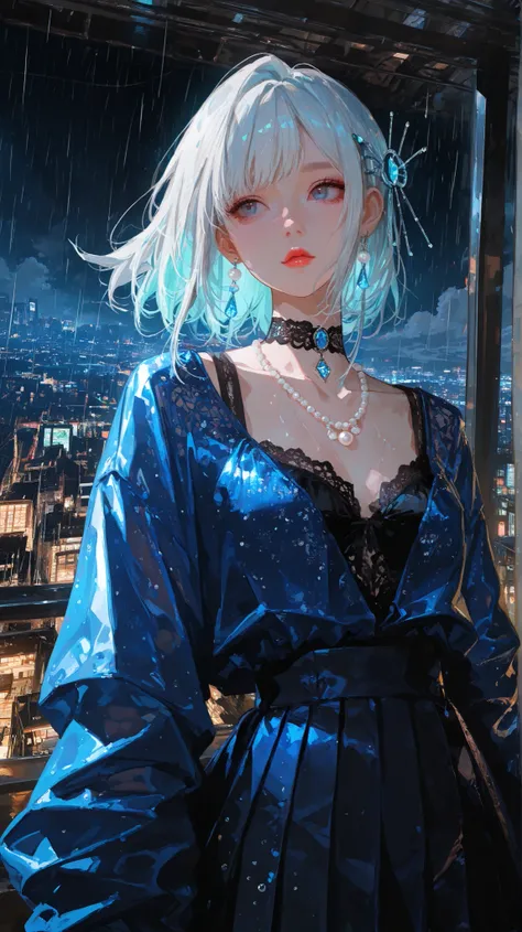 (ultra-detailed anime:1.2), 1girl, low camera angle, glowing platinum hair, delicate crystal hairpin, long flowing strands, (sapphire blue eyes:1.1), perfect facial proportions, soft parted red lips, translucent collarbone, gemstone choker necklace, pearl ...