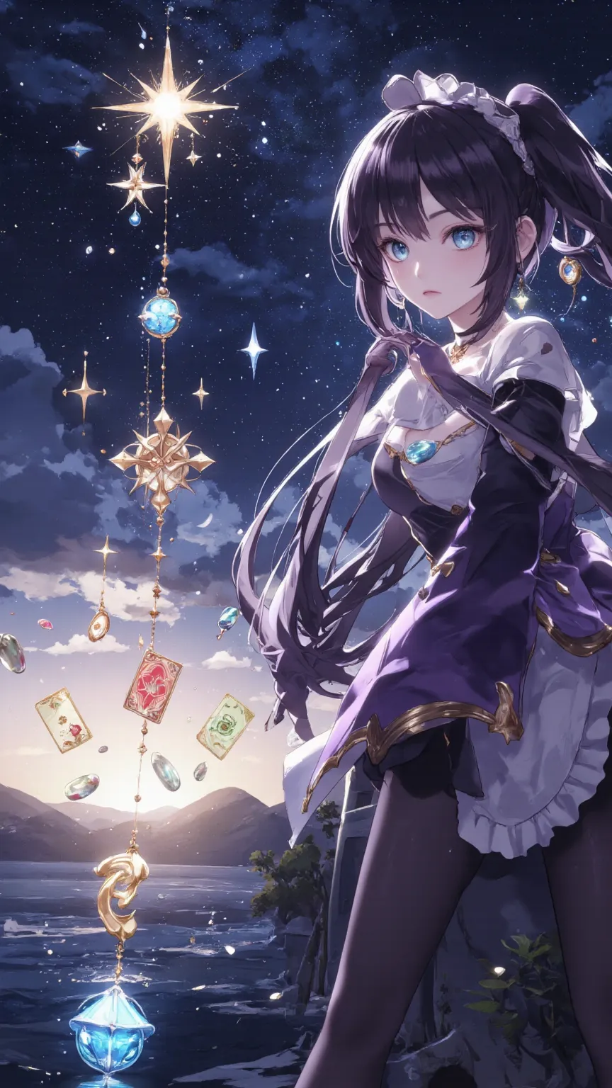 [ girl,  Located in the corner  , looking at the Sky, alone, Mona ( Genshin), necklace, 眉間毛髮, star (symbol),  long hair,  Dark Purple Hair,  Ponytail,  blue eyes, Shiny Eyes, jewelry, Witch, maid, Bangs,  purple black dress ,   purple skirt , white apron, ...