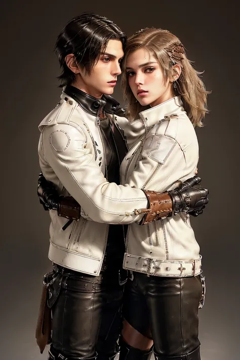 ((Final fantasy taste and reality graphics)), ((Japanese young cute and cool ikemen  boy)), his age is early 20s, thin eyebrows and beady eyes,, (((((boy wearing cream-white color thick leather and single-brest double zipper jacket))))), ,(((((jacket is vo...