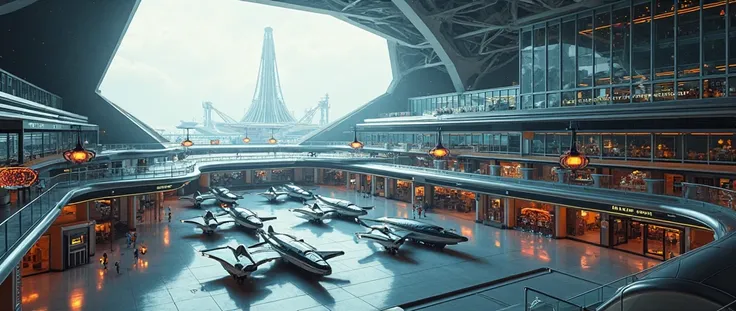 (photorealism:1.2), aerial view of a modern clean advanced large airport, marvelous architecture, lots of glass, clean bulky darker neo-modern aesthetic, a touch of neon orange, there is dark grey, huge terminal, advanced technology, multiple tiers