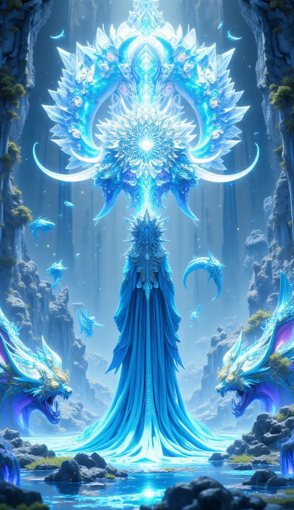 Masterpiece, very realistic, 8k Ultra HD, A visionary ruler in flowing sky-blue robes, crowned with ethereal gemstones. His guardian, a colossal dragon-like fish with shimmering fins, controls the tides. His kingdom is a futuristic land of floating waterfa...