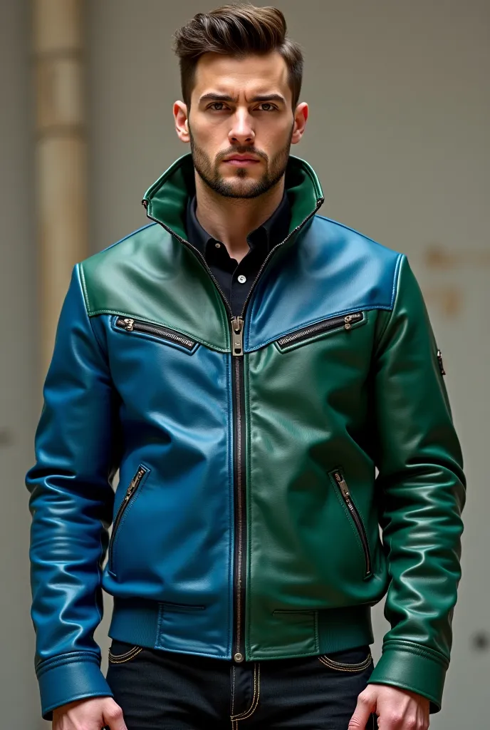 make a man standing front wearing a blue, green leather jacket