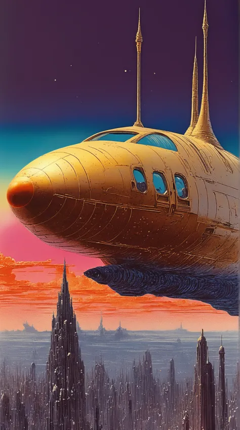 Mobis (Jean Giraud) Style - A picture by Jean Giraud Mobis, The picture shows a  Spaceship in deep sky, Science fiction illustrations, Retro-future. Sci-fi illustrations , Impressive retro-future Spaceship, galaxy, Distant nebulas. Shot with Panavision Pan...