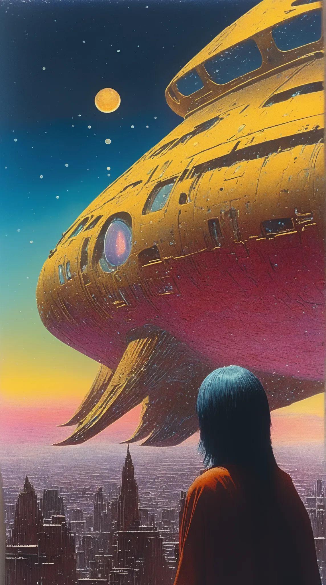 Mobis (Jean Giraud) Style - A picture by Jean Giraud Mobis, The picture shows a  Spaceship in deep sky, Science fiction illustrations, Retro-future. Sci-fi illustrations , Impressive retro-future Spaceship, galaxy, Distant nebulas. Shot with Panavision Pan...