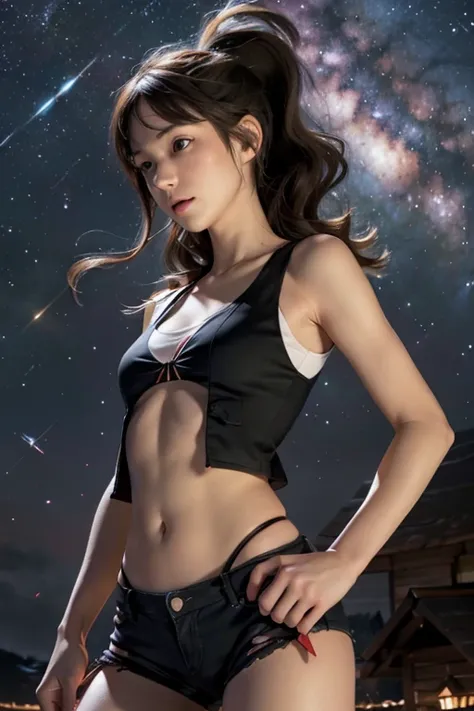 hilda, Red bra, slim body,  small bust, hands to the chest, pretty legs, black tights, cabin,  Starry Sky, milky way, 