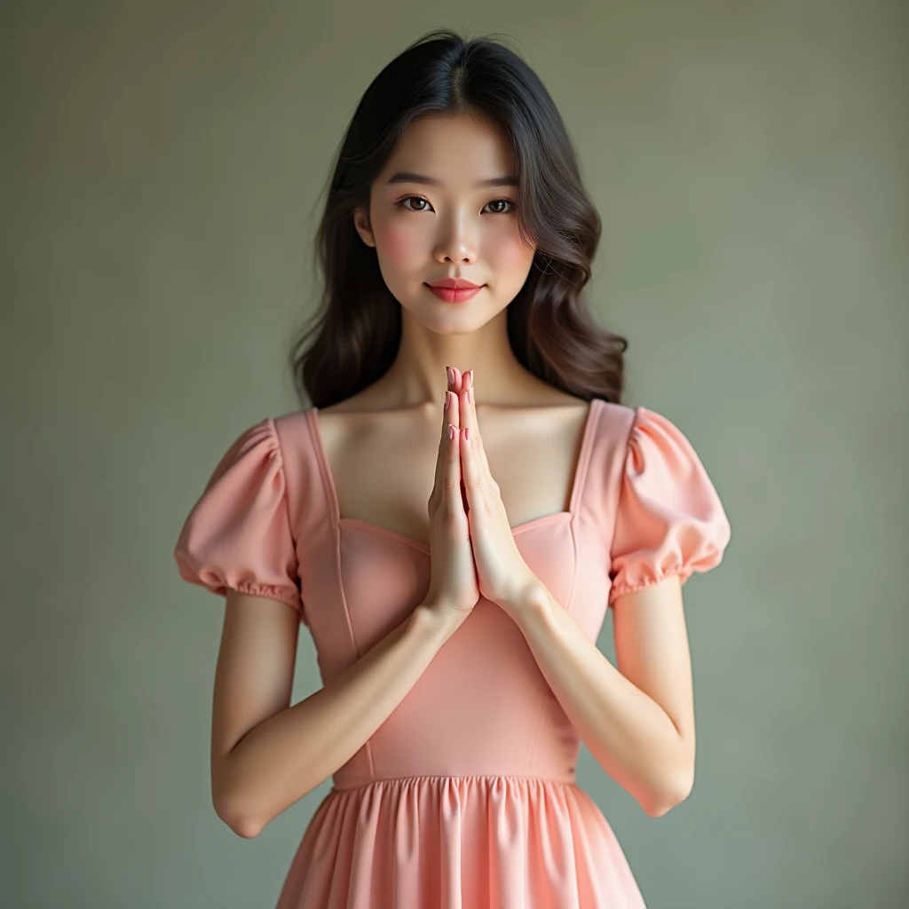 for a truly authentic image of a beautiful young Vietnamese girl in the pose of a presenter, 2 hands knit across the abdomen, short-sleeved dress, rosy