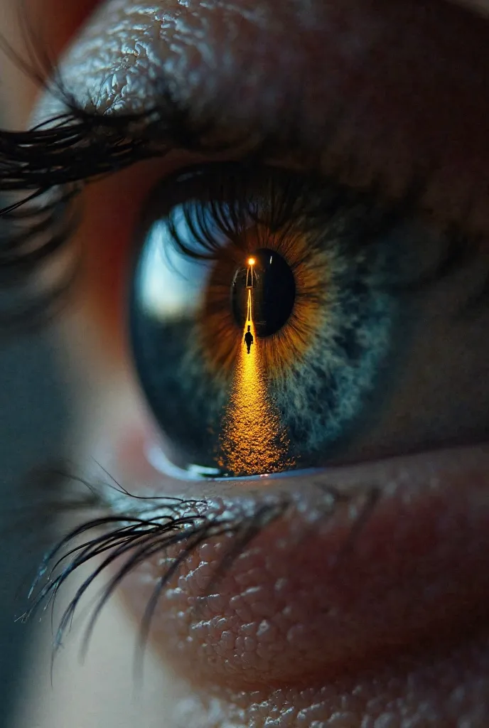 “A close-up of a human eye, but inside its reflection shows a person standing between two roads: is written, one is illuminated and the other is shrouded in darkness. . The eye appears to reflect the internal struggle between good and evil. In the middle o...