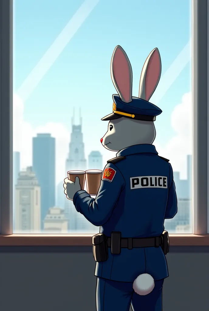 Inside the workroom, at the police station, gray rabbit(in police uniform, police cap head), standing looking at the city through a glass door frame,  holding coffee cups 