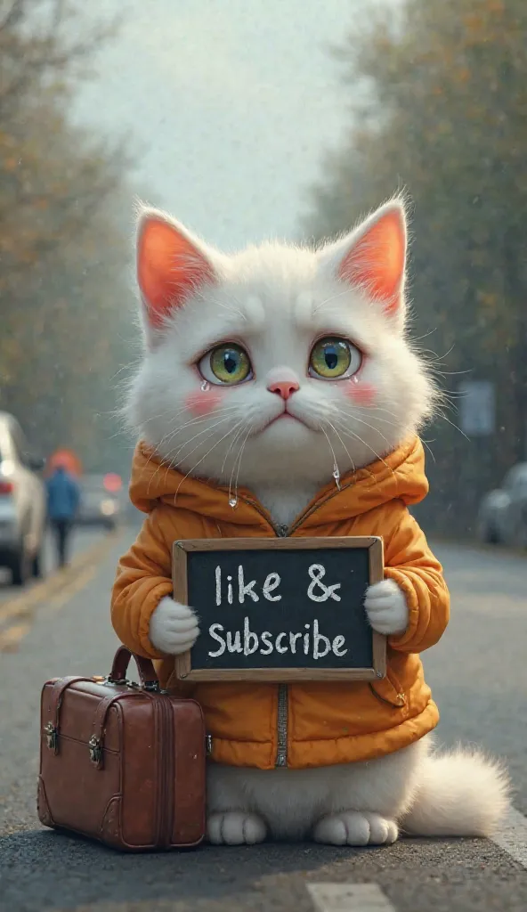 cute white cat (dressed orange jaket) with sad faces, tears come out of his eyes, holding a blackboard that says " like & subscribe", It's called a suitcase bag., by the roadside