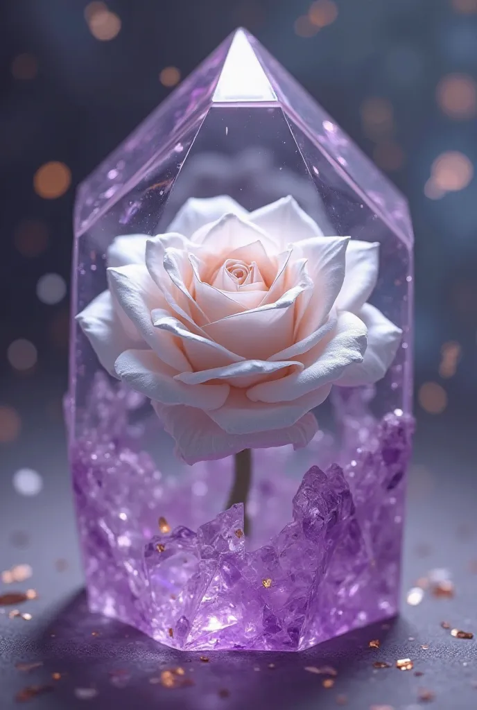 An white paper origami rose, sealed inside a purple crystal