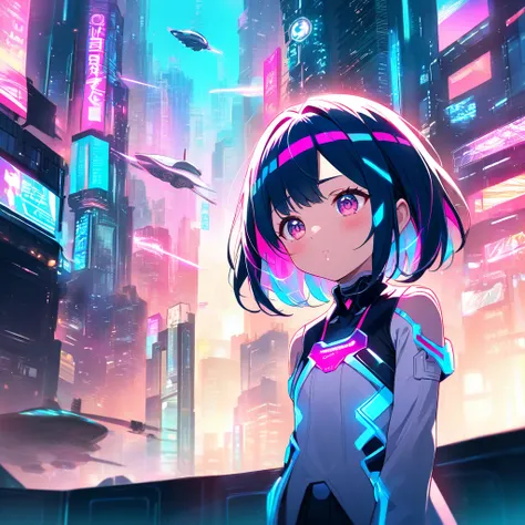 best quality, very aesthetic, ultra-detailed, best illustration、nsfw、mosaic,、 cyberpunk city、cute elementary school girl raising her mouth、cute cyberpunk clothes、Reporter doing the interview