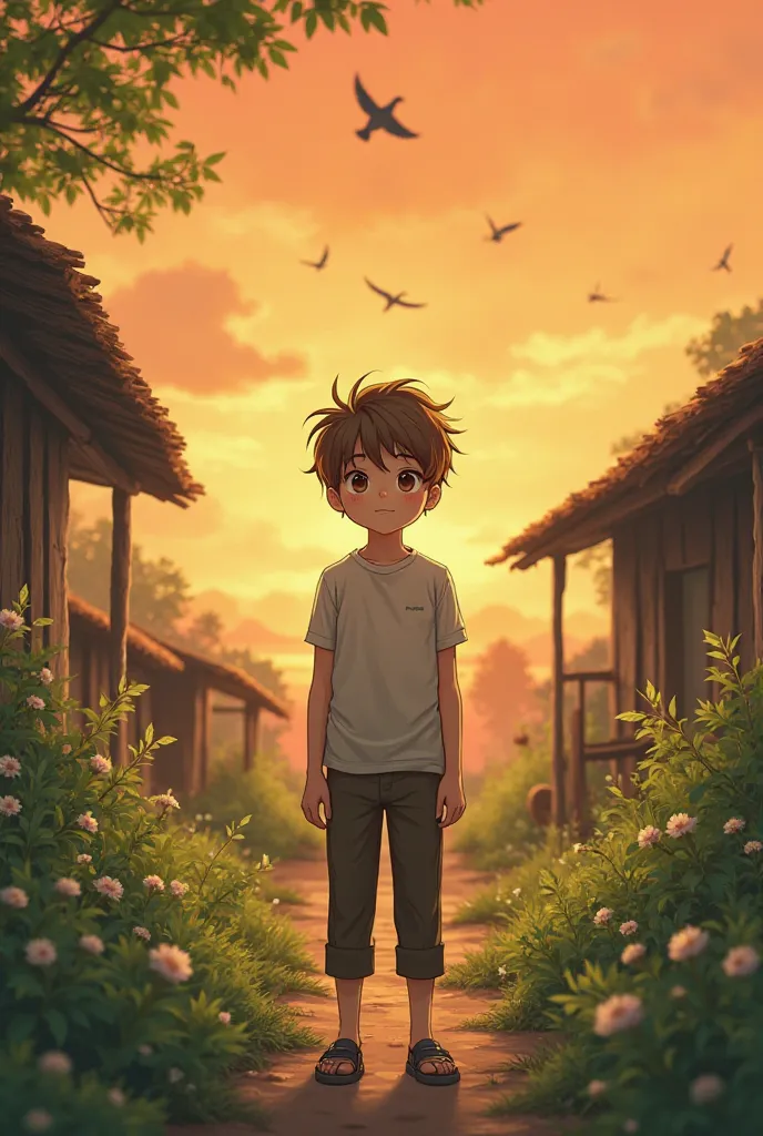 "A young boy with messy hair, wearing a simple shirt and pants, standing in a rural village with lush greenery around. In the background, there are birds flying across the orange sky during sunset."
