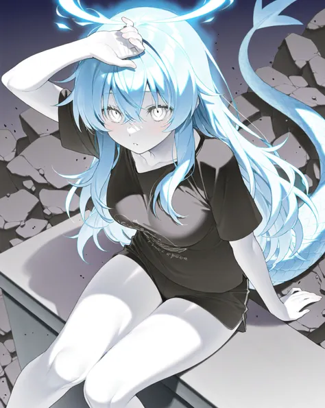 best image quality、Hi-Res、 diamond blue hair 、white eyes、、rooftop、  black t-shirt 、beautiful breasts、  best thighs、Blue aura、 long hair、best image quality、floating rubble、Cosmic Aura 、black shorts、 white skin、 the royal family、Pat your head、Straight face、W...