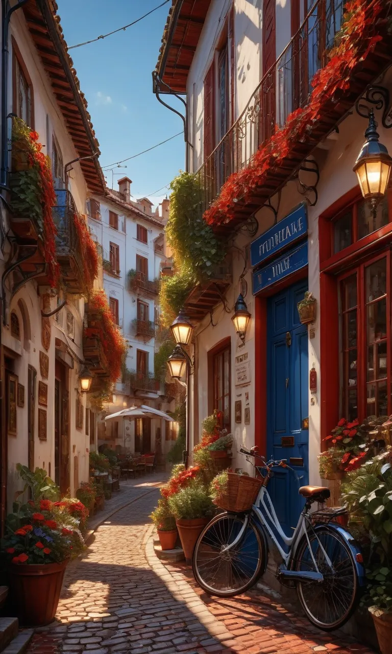 low-angle perspective, looking upward, expansive blue sky, European back alley, white-walled houses, red-tiled roofs, lived-in vibe, person sitting at the doorstep, potted seasonal flowers, vintage street lamp, handwritten sign, cobblestone alley, nostalgi...