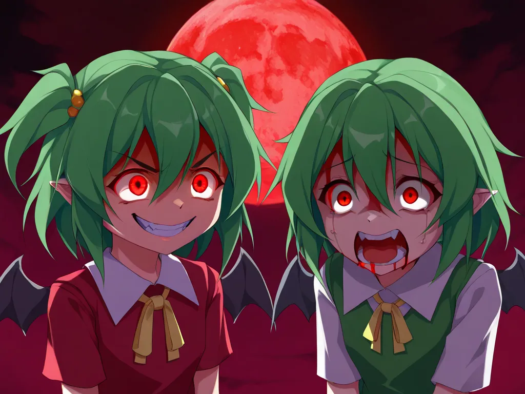 red eyes, 吸血鬼の牙, Buddy face, Bleeding from the mouth,  grins, bat wings, scared smile, psychopathic  grins,   Psychopath Smile , scared, opens her mouth, Angry Eyes, ,  Dark Sky Background , red + green + green, glowing red moon