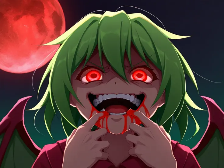 red eyes, 吸血鬼の牙, Buddy face, Bleeding from the mouth,  grins, bat wings, scared smile, psychopathic  grins,   Psychopath Smile , scared, opens her mouth, Angry Eyes, ,  Dark Sky Background , red + green + green, glowing red moon