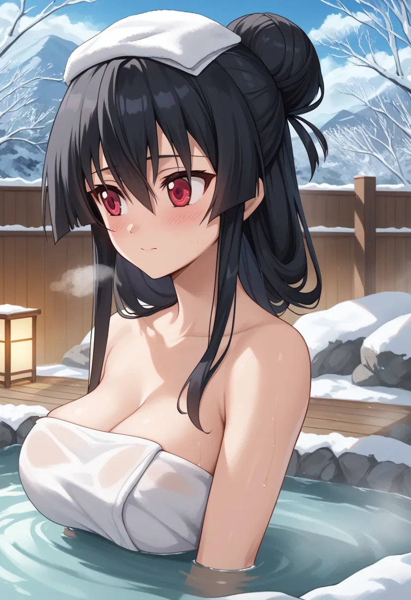 1girl, solo,akame, black hair, red eyes, hair between eyes, medium hair, medium-sized bust, cute girl, Japanese outdoor hot spring, natural rock bath, steam rising, surrounded by snowy mountains, serene atmosphere, traditional wooden fence, soft moonlight ...