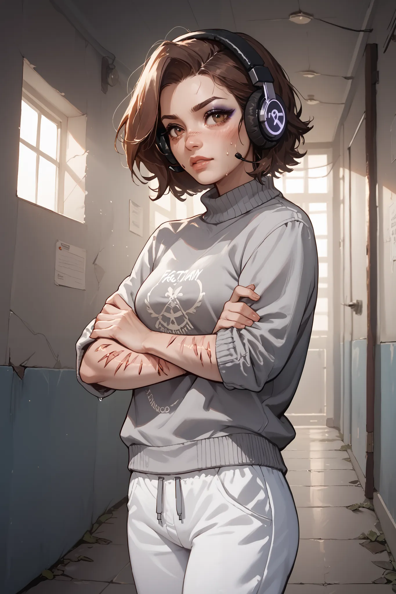 1female, Breasts, High Resolution, Masterpiece, Best Quality, Makeup, mental hospital, self-harm scars on arms, Hazel Eyes, white sweatpants(rolled up sleeves), grey sweater, Headphones