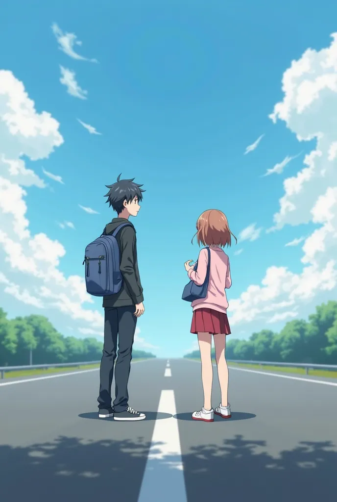 (photorealism:1.2), make a simple anime picture of a guy standing straight facing backwards and a girl who is entertaining him next to him facing backwards too, there are only 2 people, and the background is a road and clouds