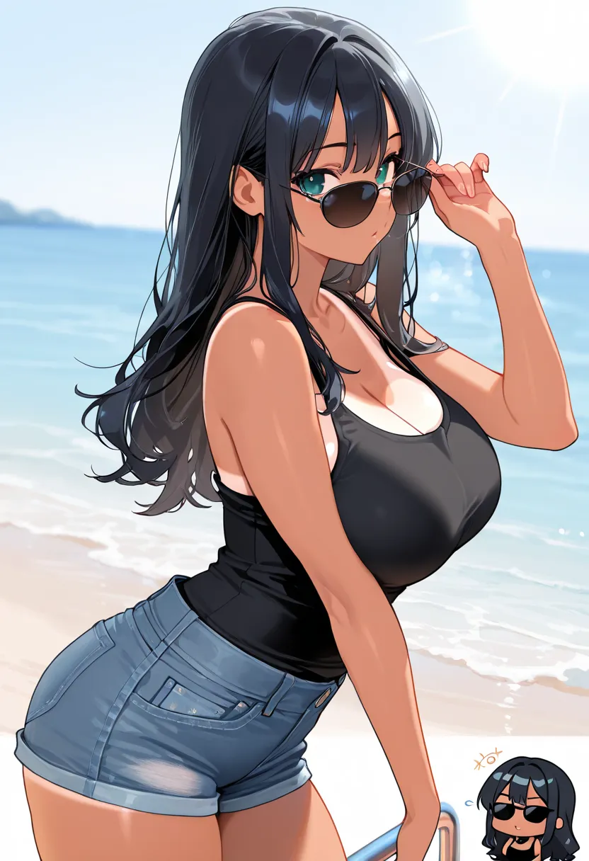 masterpiece, best quality, 1girl, chibi, sun tan, black hair, long hair, cyan eyes, flirty, big breasts, black tank top, short jeans, shoreline, sunglasses, looking at viewer, hand on glasses, hand on elbow