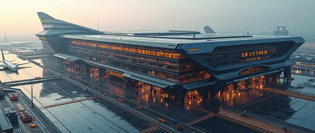 (photorealism:1.2), exterior aerial view of a modern clean advanced large airport, marvelous architecture, lots of glass, clean bulky darker neo-modern aesthetic, a touch of neon orange, there is dark grey, advanced technology, multiple tiers