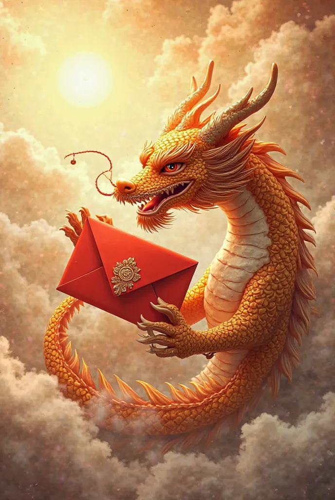 A golden dragon holding a red envelope 