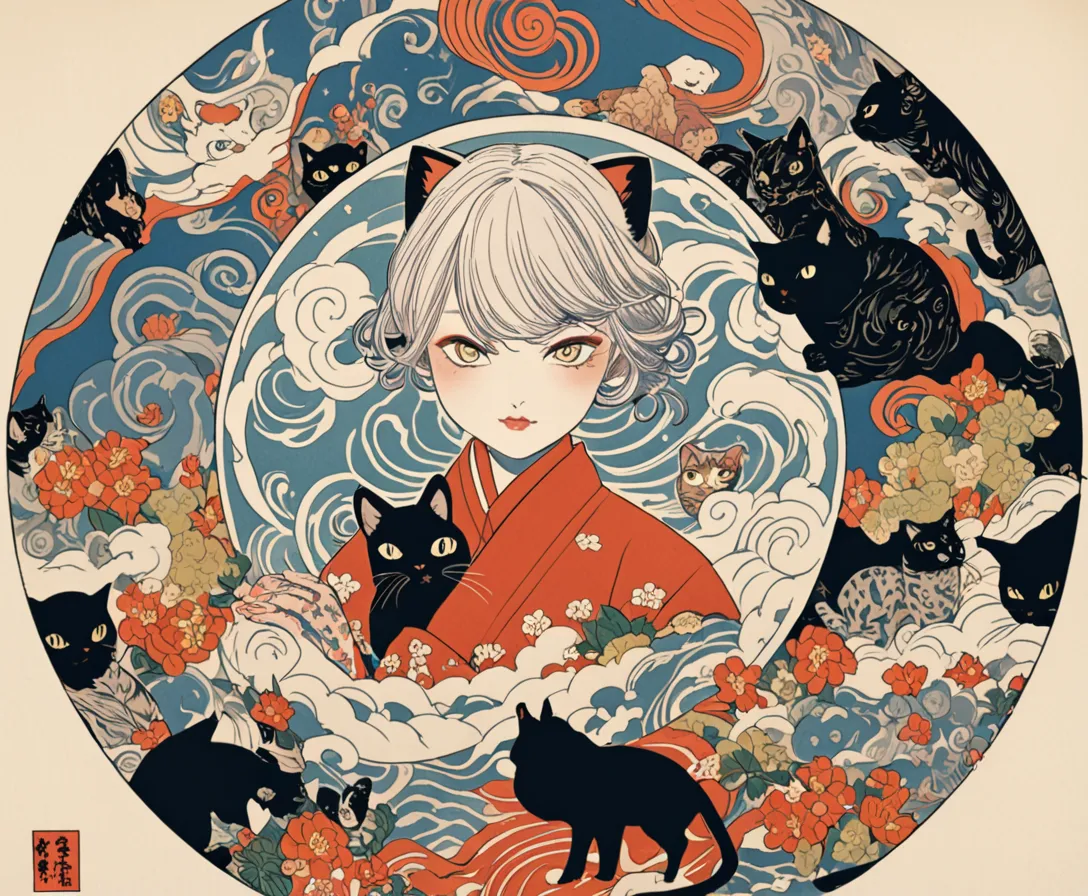 There is a circular picture of a cat and a woman in the circle、Swirl by Junji Ito 、Swirl、 ukiyo-e、 animals and people 々There is a circular picture  、cat